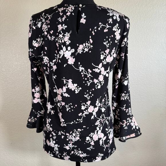 NWT Karl Lagerfeld Paris Black Blouse Shirt Pink Floral Bell Sleeve Women XS - Picture 2 of 13